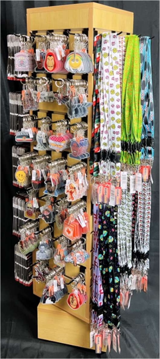NOVELTY FLOOR DISPLAY 1,050PCS 360 KEYCHAINS, 240 LANYARDS, 300 AIRFRESHENERS, 150 STICKERS